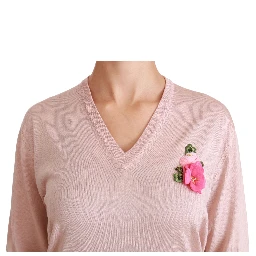Pink Floral Embellished Pullover Silk Sweater