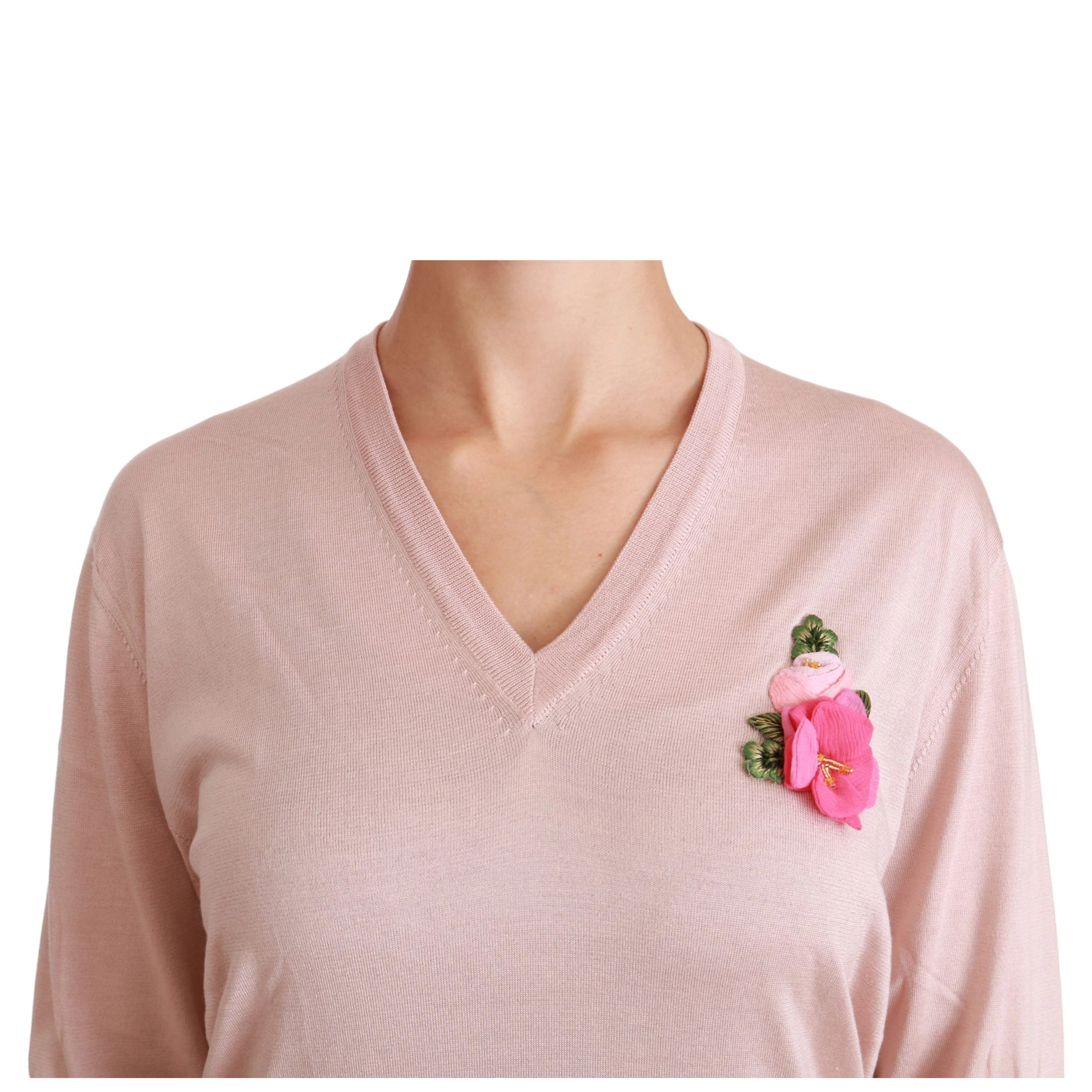 Pink Floral Embellished Pullover Silk Sweater