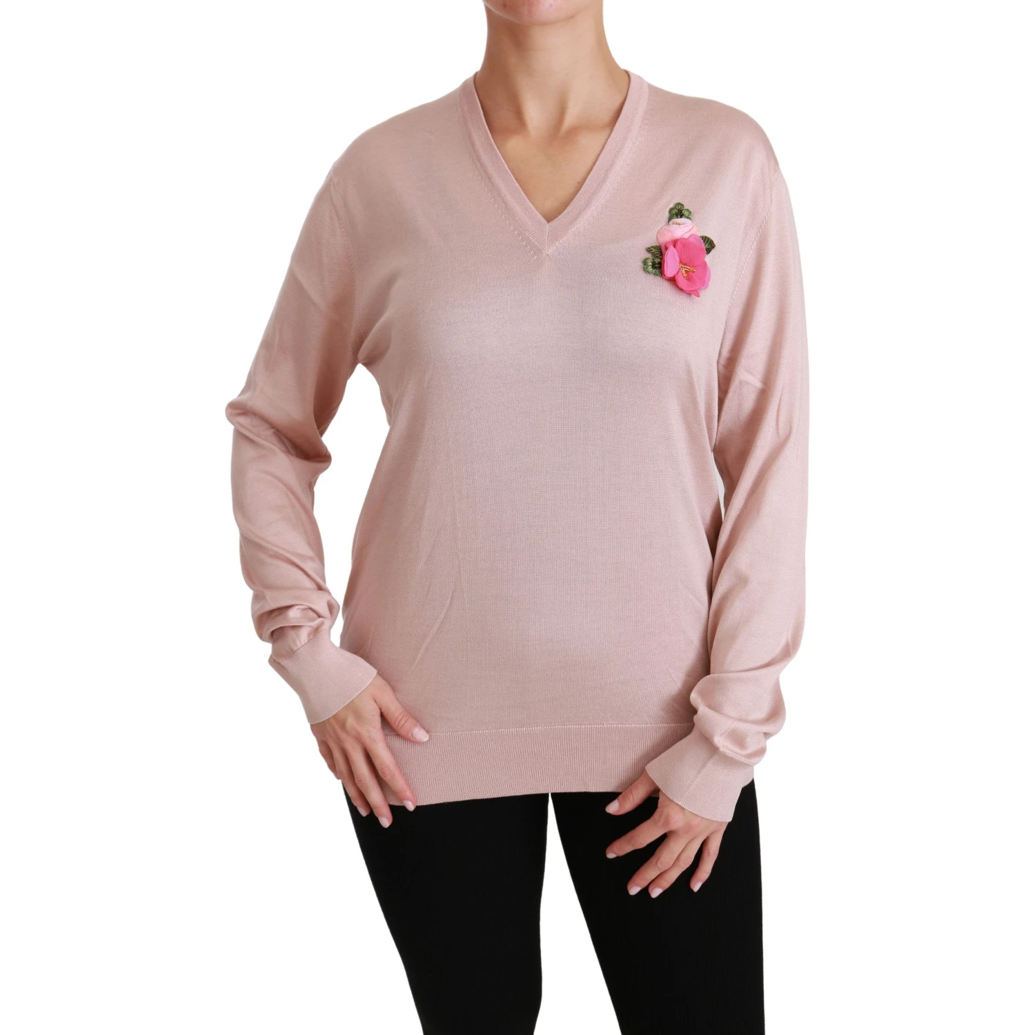 Pink Floral Embellished Pullover Silk Sweater