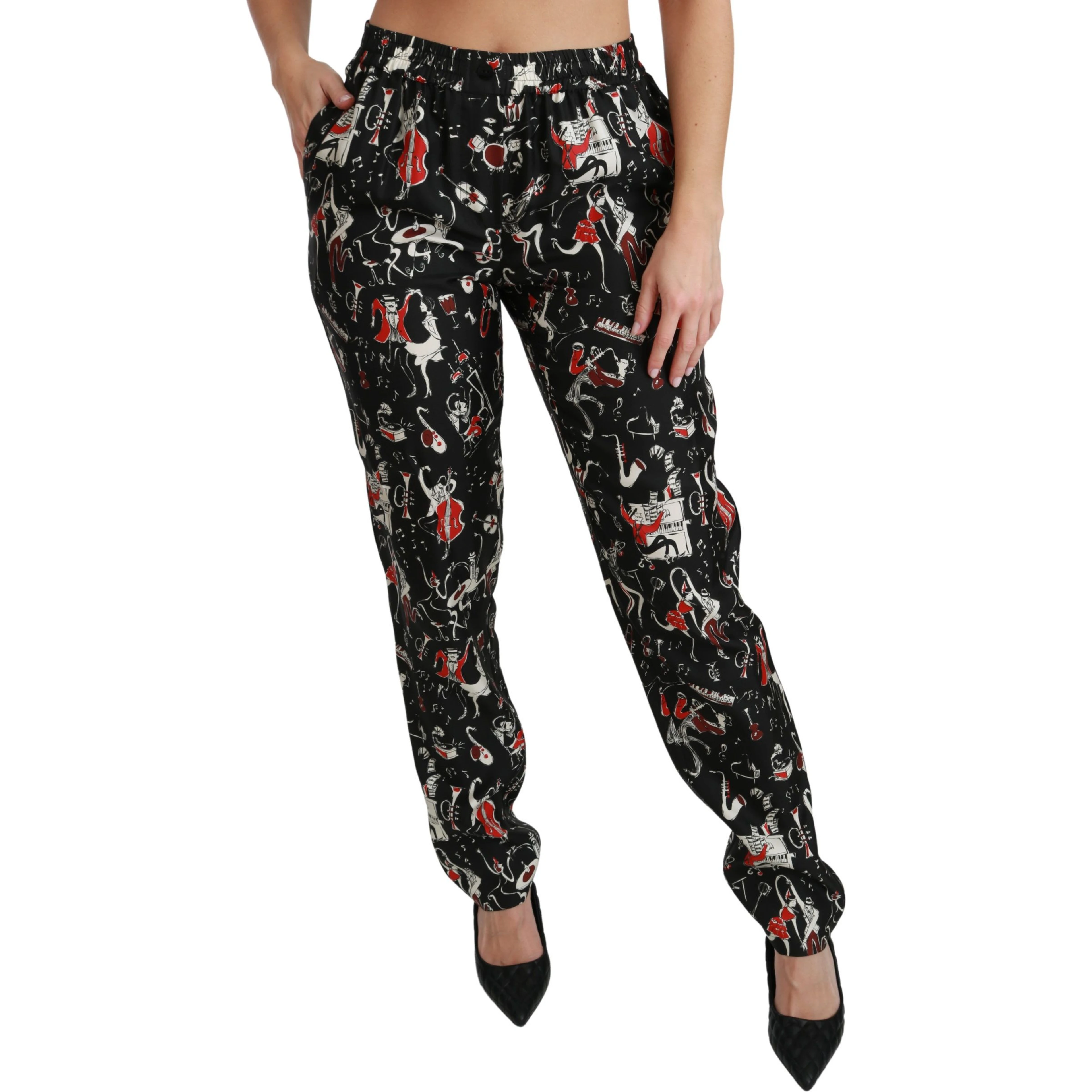 Black Silk Instrument Mid Waist Pants