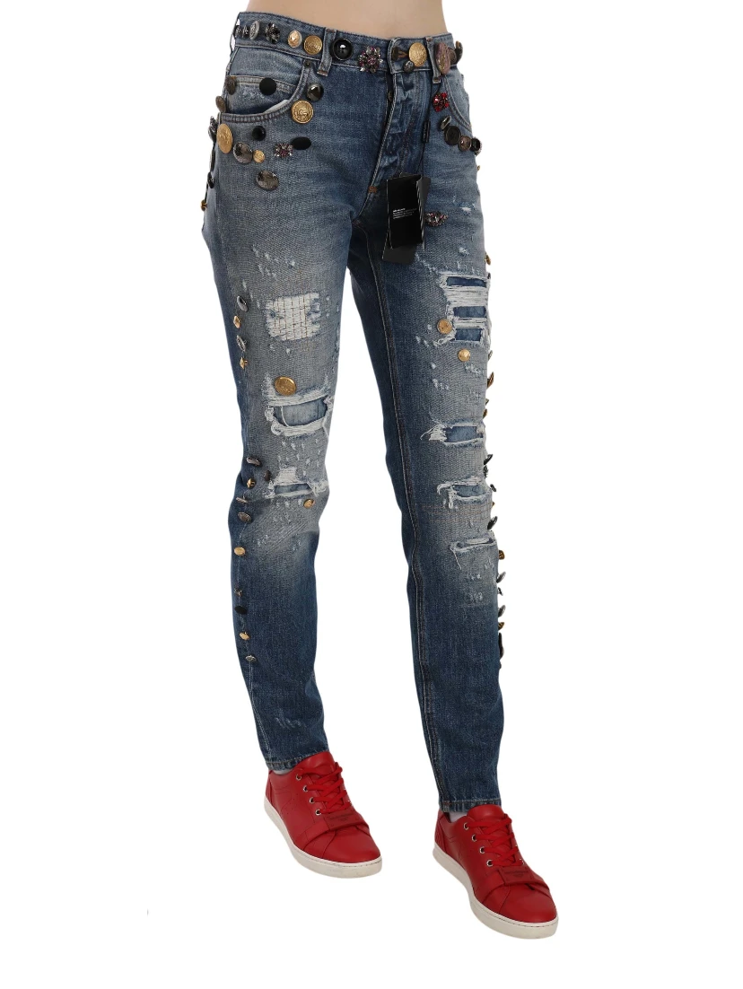 Distressed Embellished Buttons Denim Pants Jeans