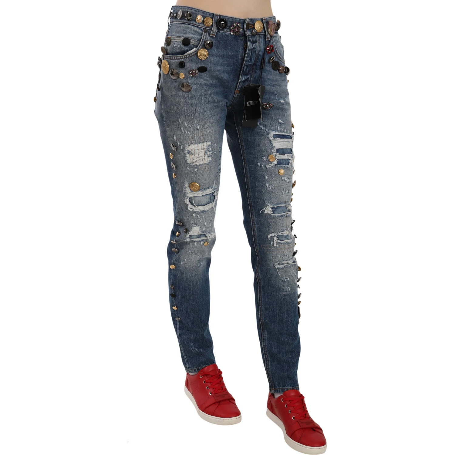 Distressed Embellished Buttons Denim Pants Jeans