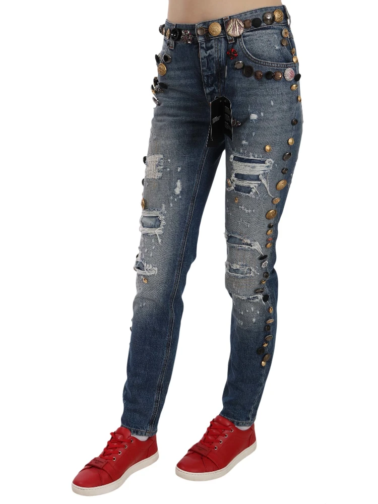 Distressed Embellished Buttons Denim Pants Jeans alternative