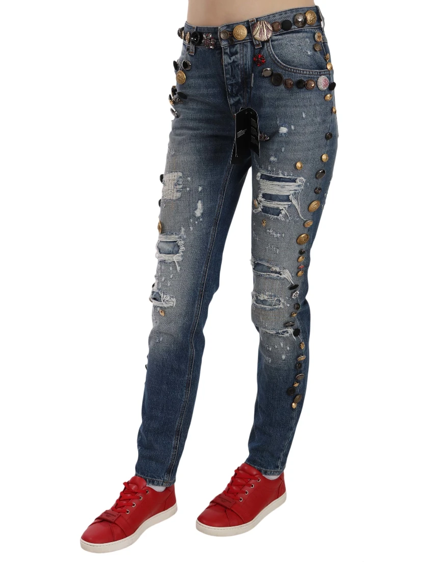 Distressed Embellished Buttons Denim Pants Jeans