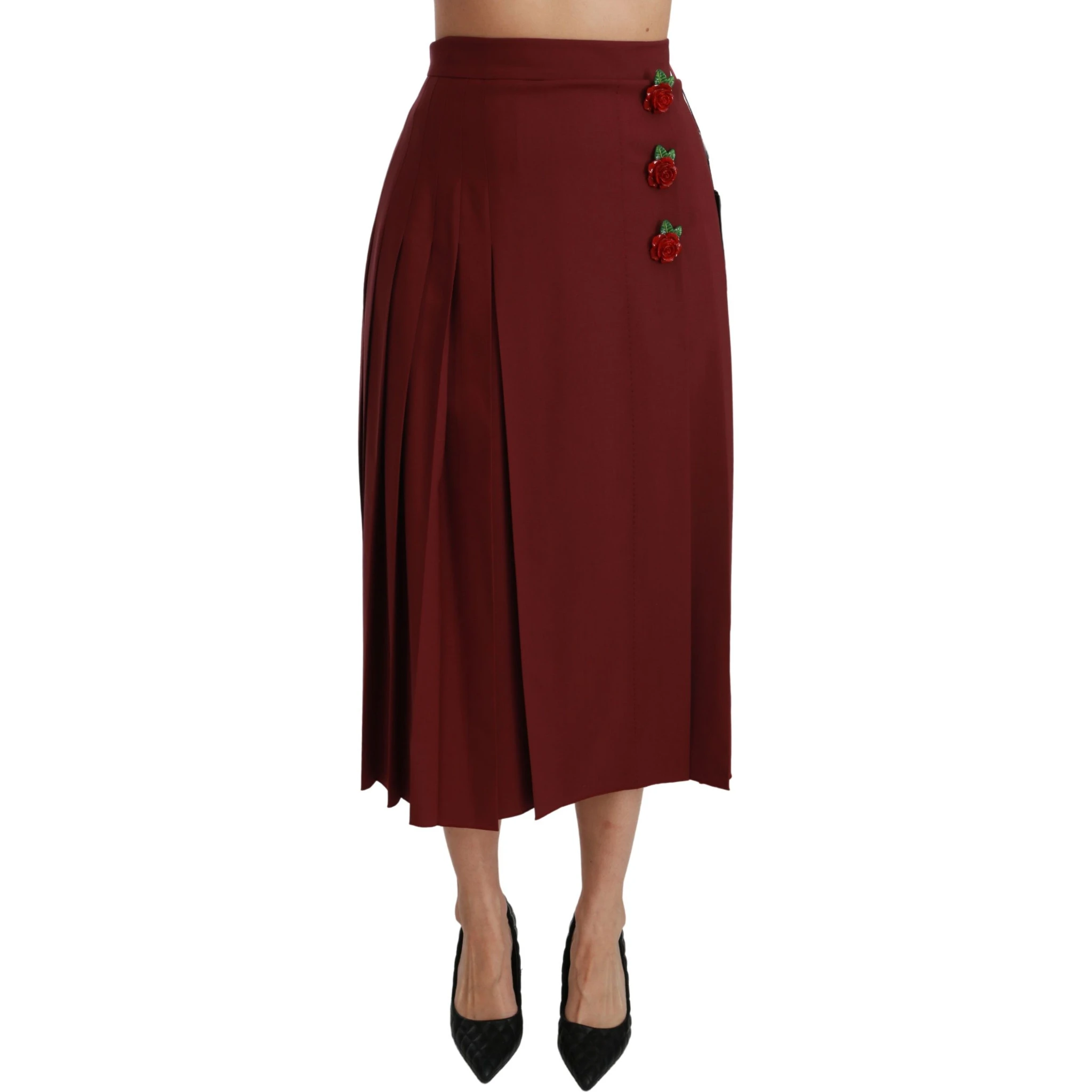 Red High Waist Pleated Maxi Wool Skirt