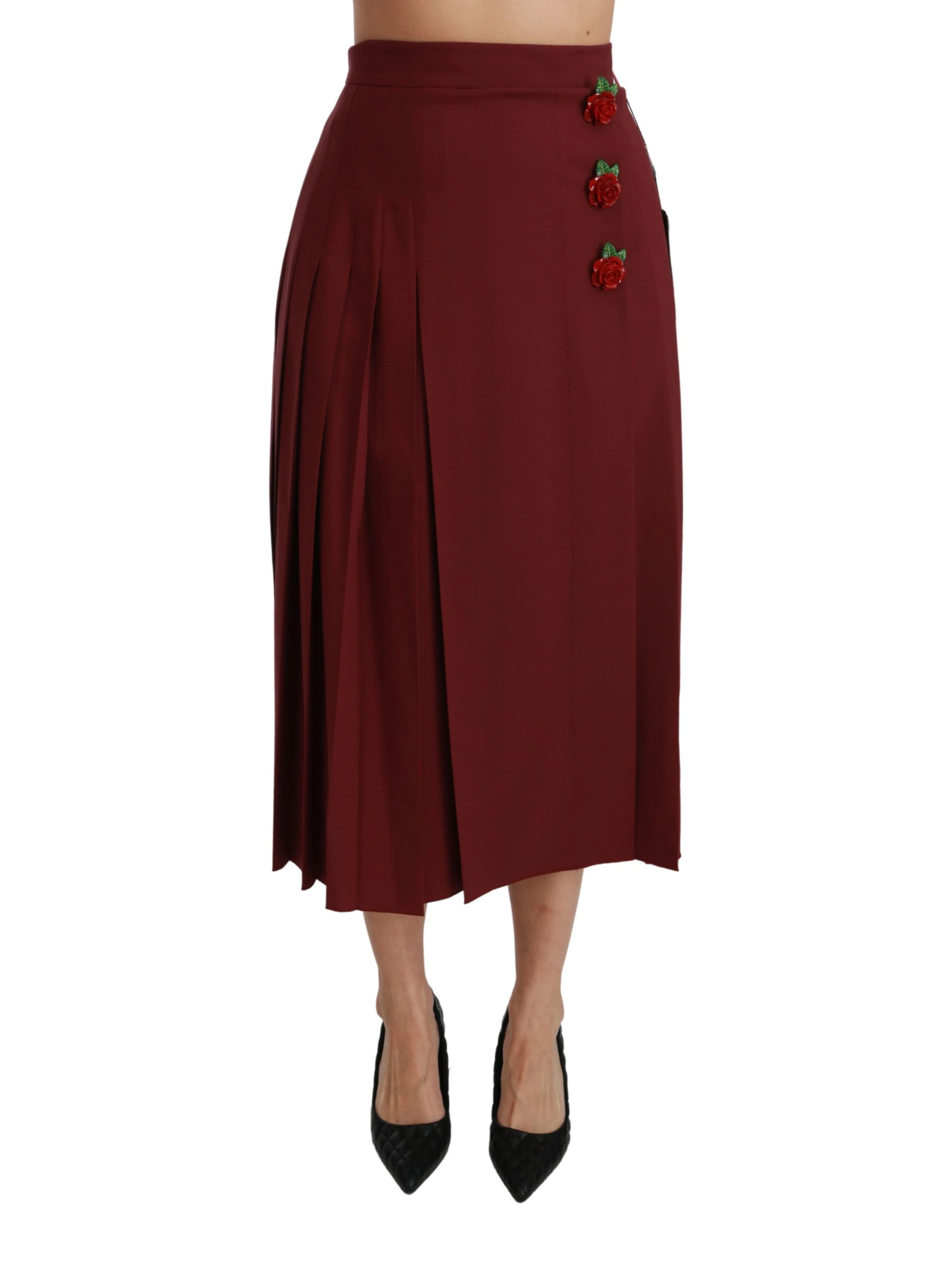 Red High Waist Pleated Maxi Wool Skirt