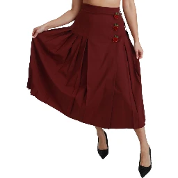 Red High Waist Pleated Maxi Wool Skirt
