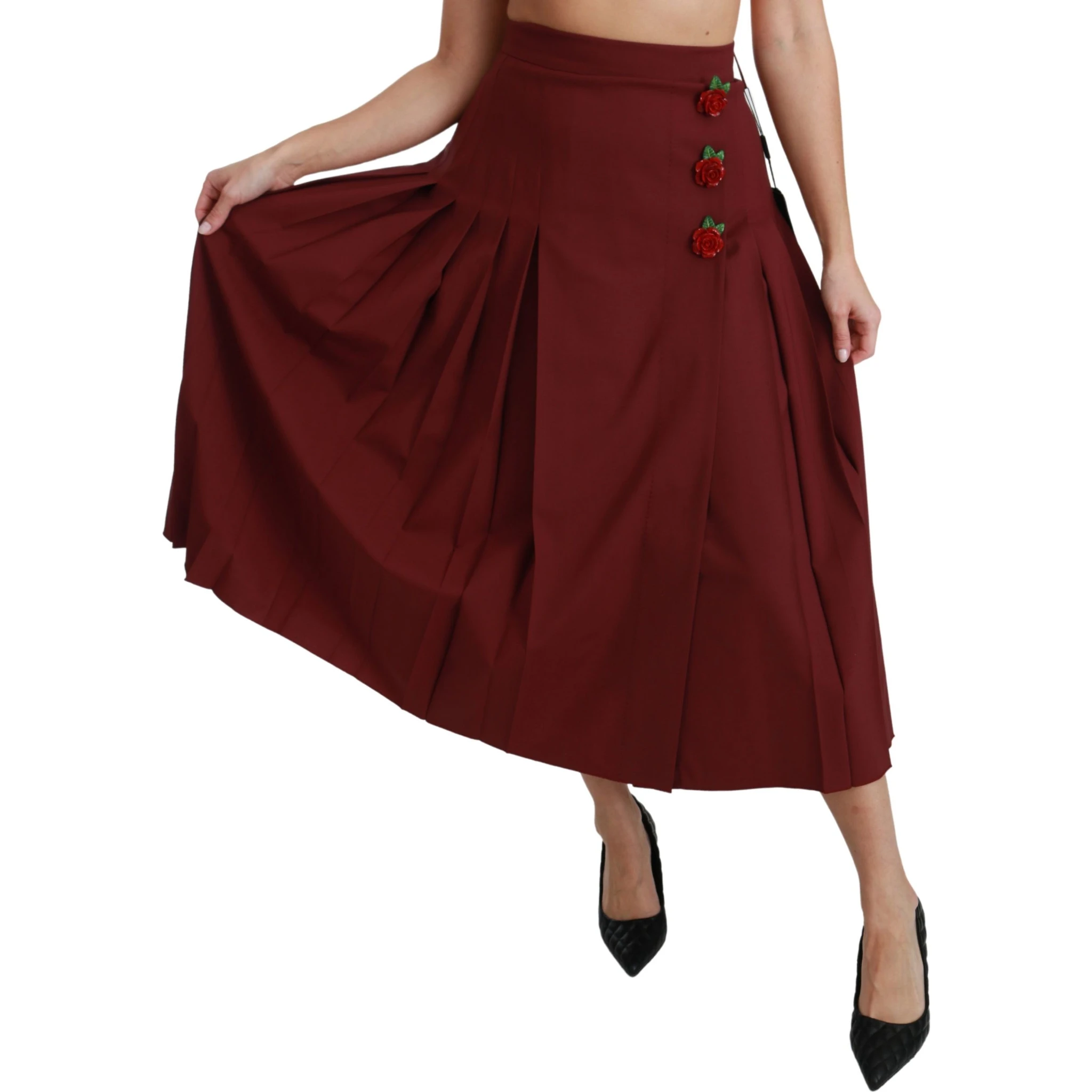 Red High Waist Pleated Maxi Wool Skirt