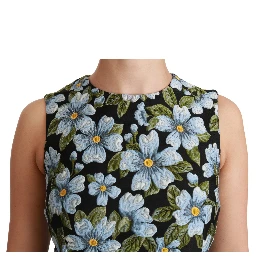 Blue Floral Brocade Gown Shift Dress