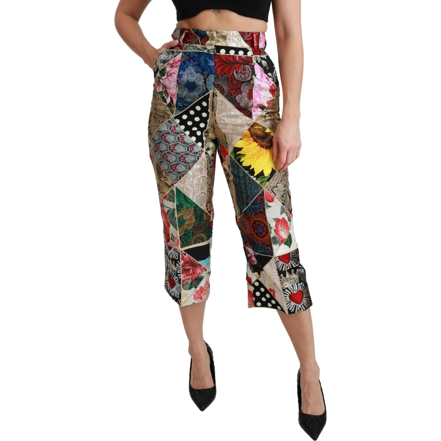 Silk Multicolor Print High Waist Cropped Pants