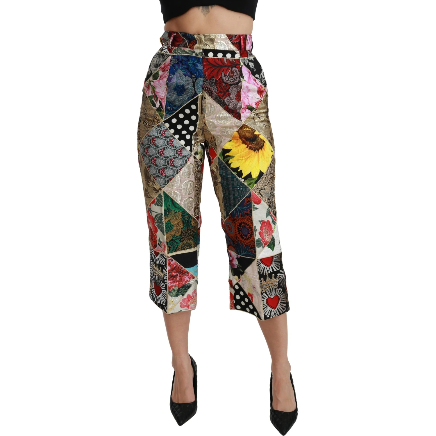 Silk Multicolor Print High Waist Cropped Pants