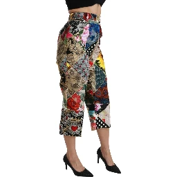 Silk Multicolor Print High Waist Cropped Pants