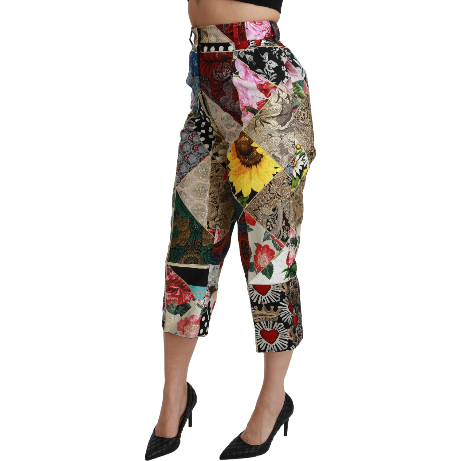 Silk Multicolor Print High Waist Cropped Pants