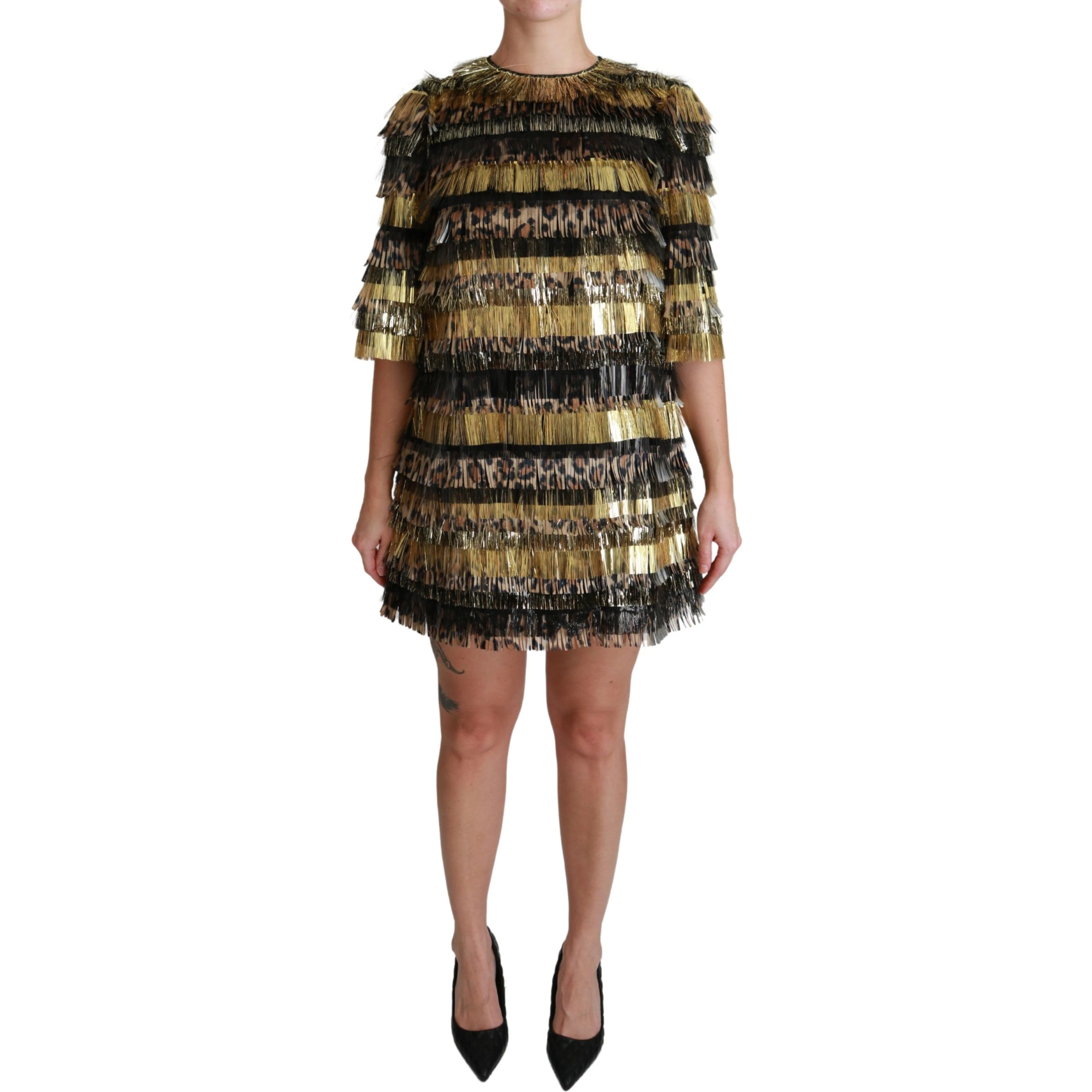 Polyester Black Gold Leopard Shift Mini Dress