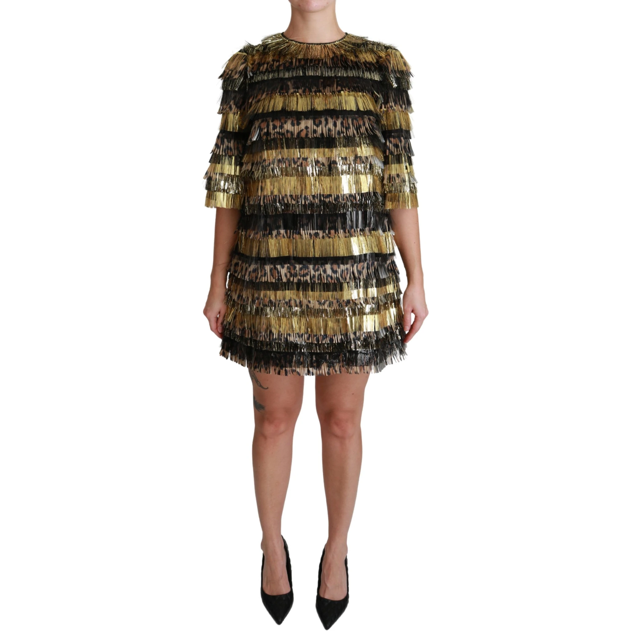 Polyester Black Gold Leopard Shift Mini Dress