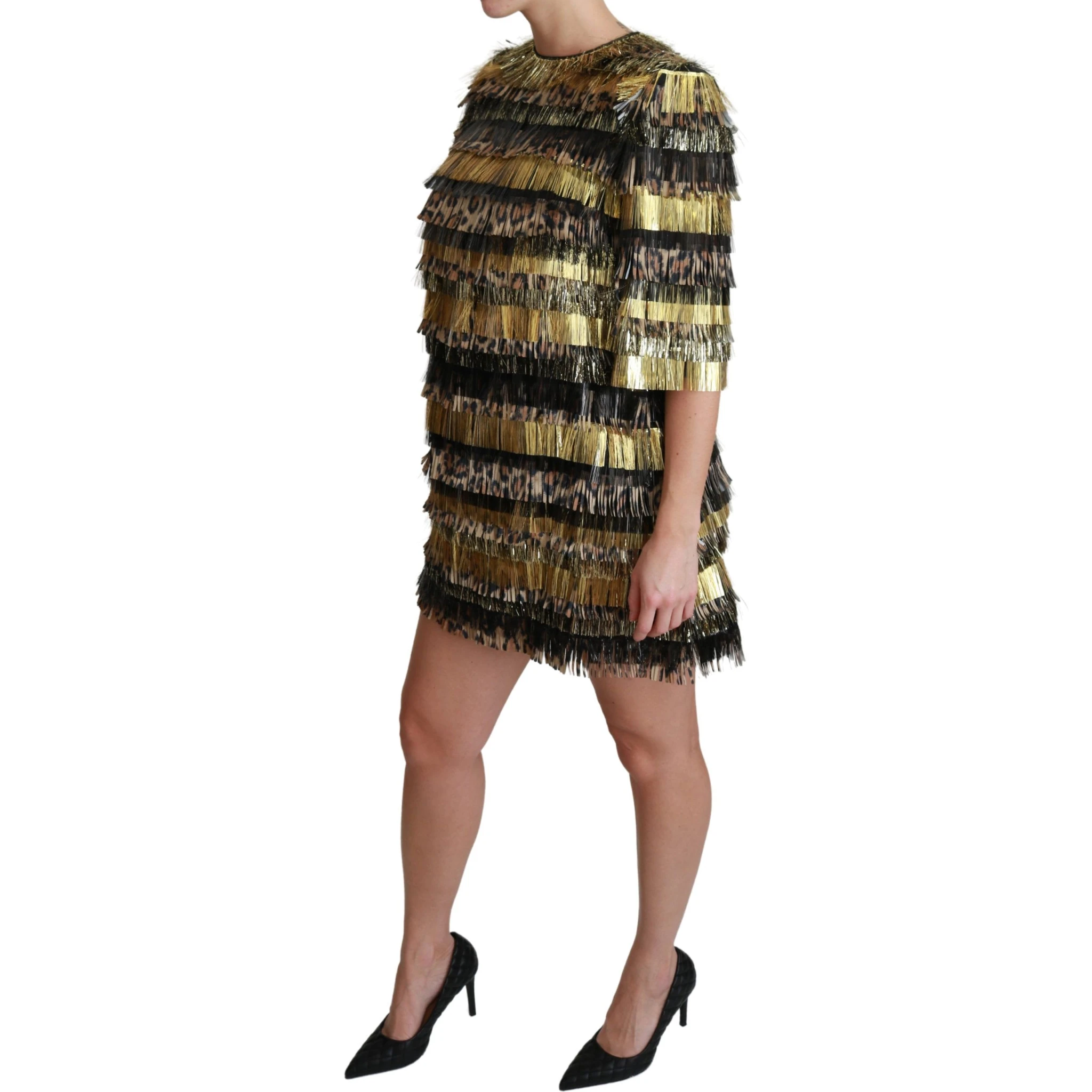 Polyester Black Gold Leopard Shift Mini Dress