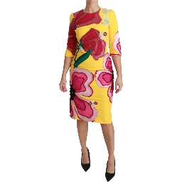 Yellow Floral Crystal Bodycon Sheath Dress