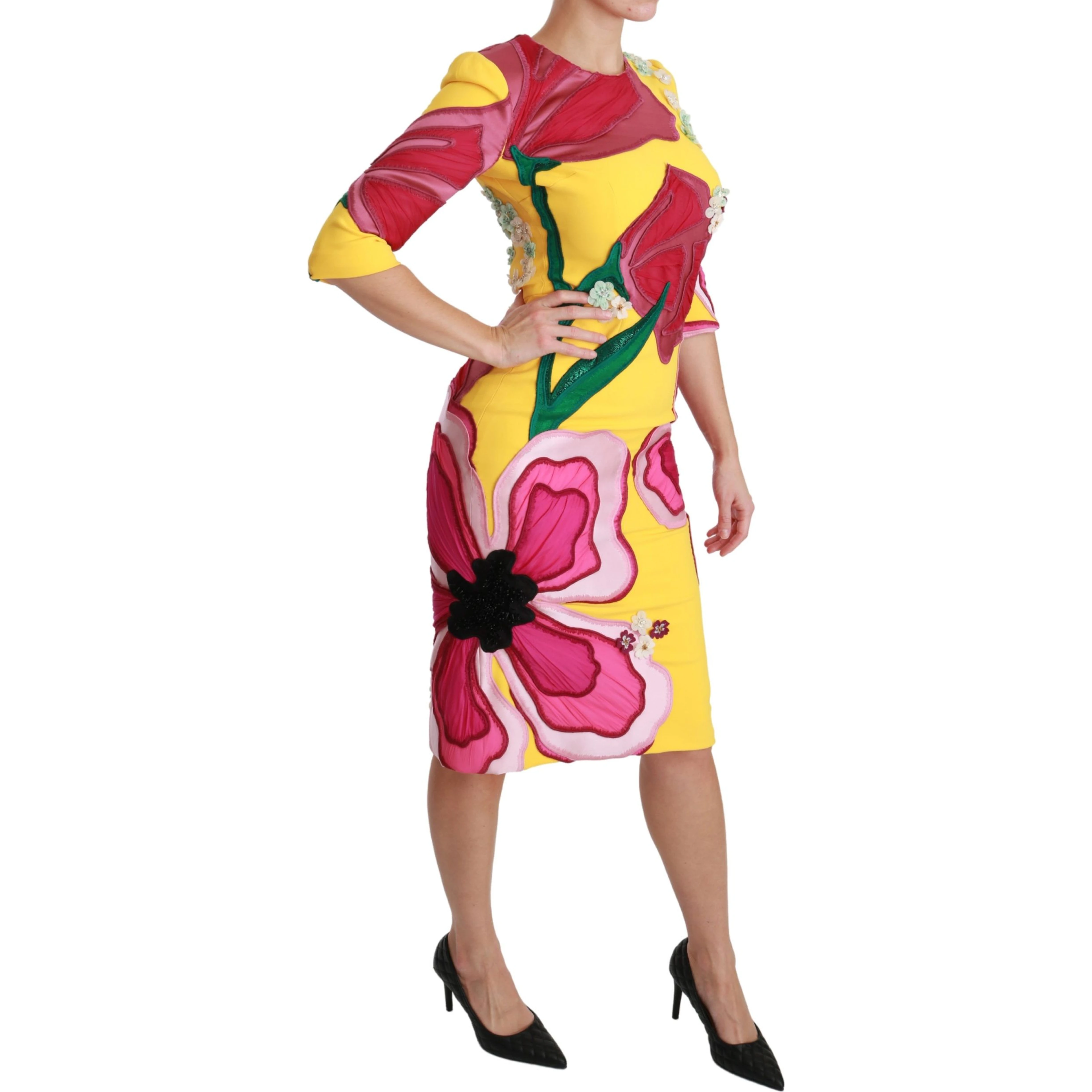Yellow Floral Crystal Bodycon Sheath Dress