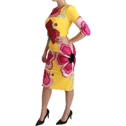 Yellow Floral Crystal Bodycon Sheath Dress