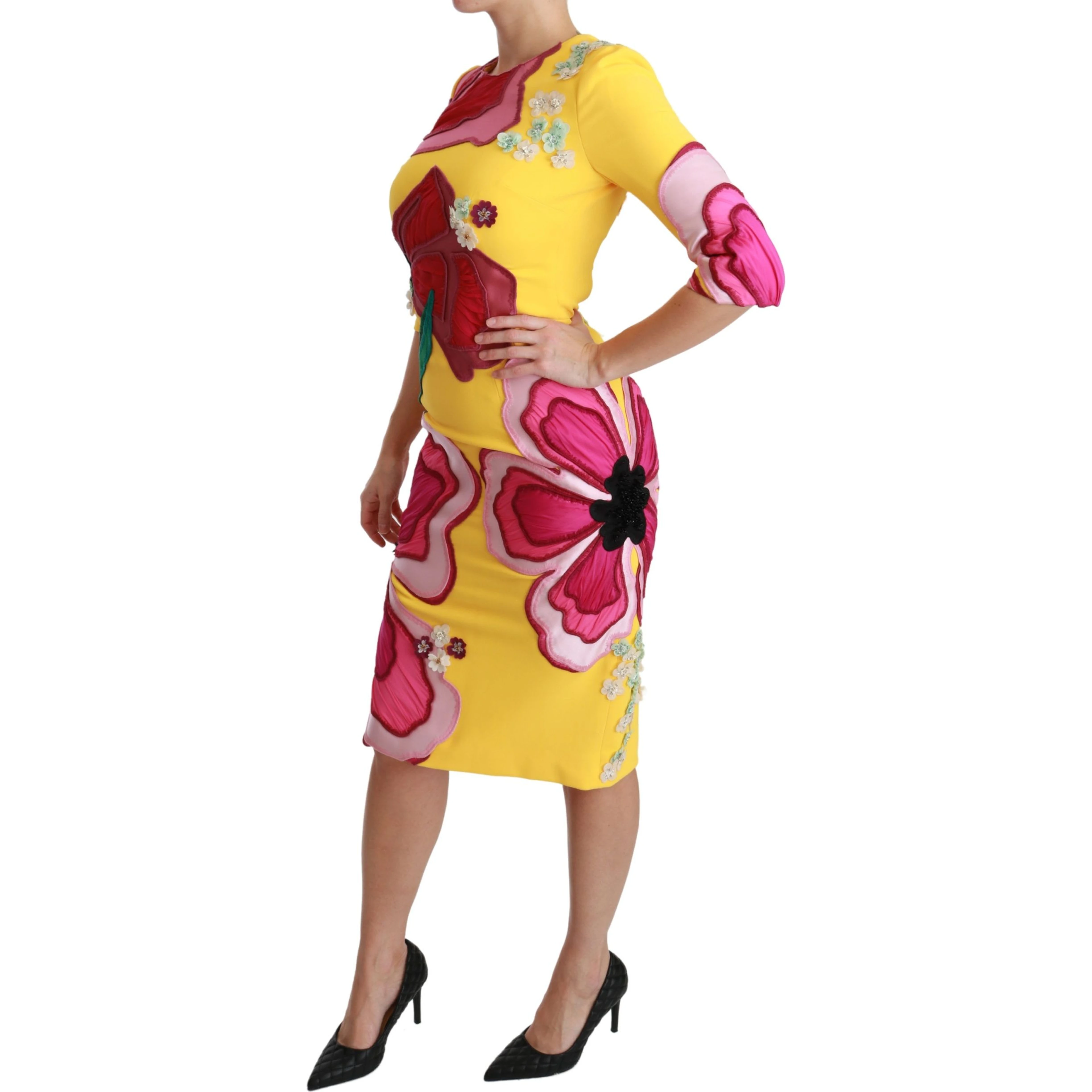 Yellow Floral Crystal Bodycon Sheath Dress