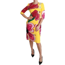 Yellow Floral Crystal Bodycon Sheath Dress