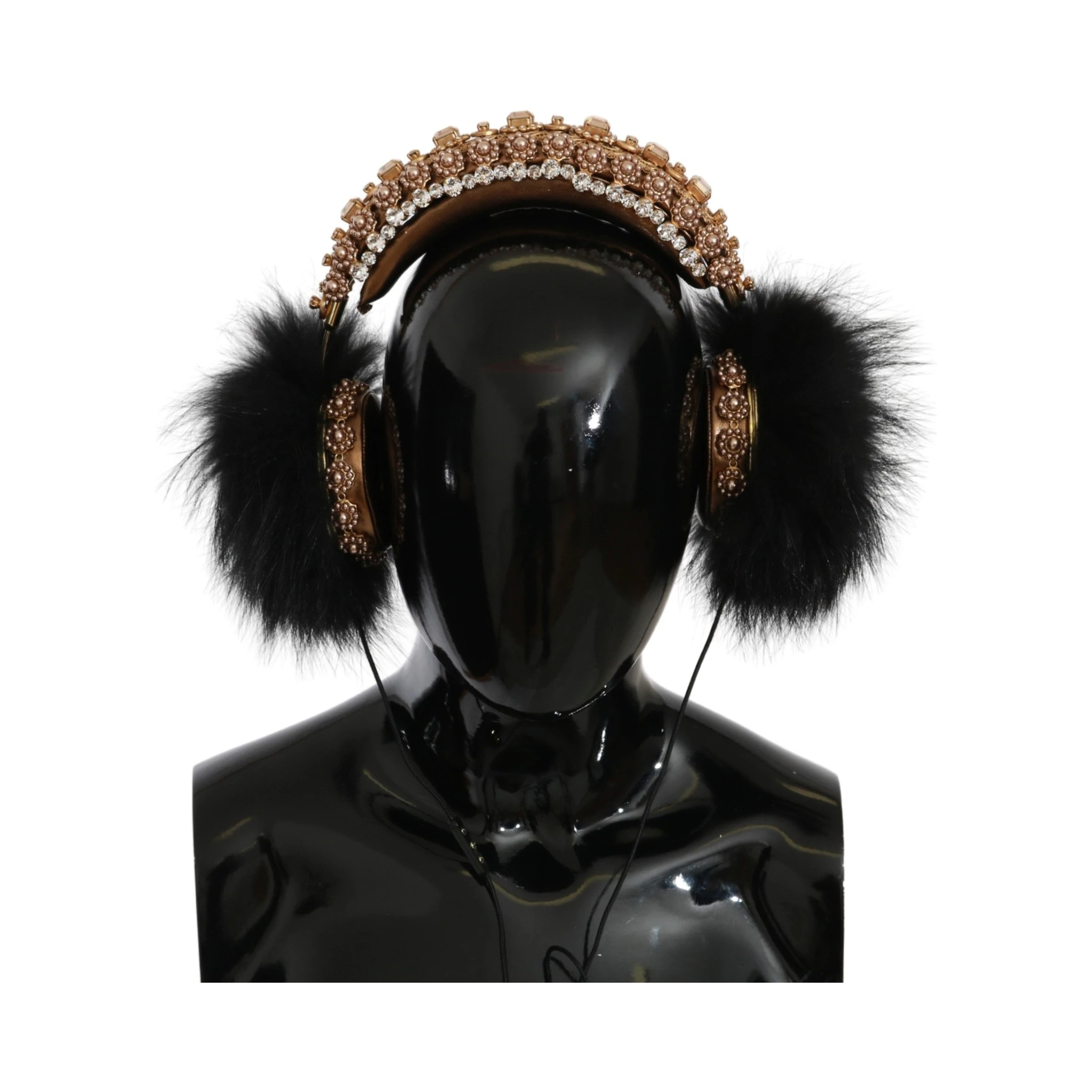 Gold Black Crystal Fur Headset Audio Headphones