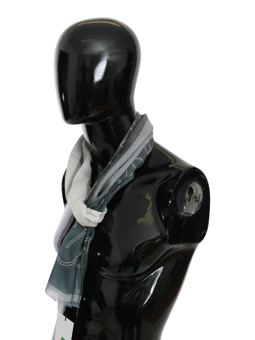 Gray Wool Viscose Foulard Patterned Branded Scarf
