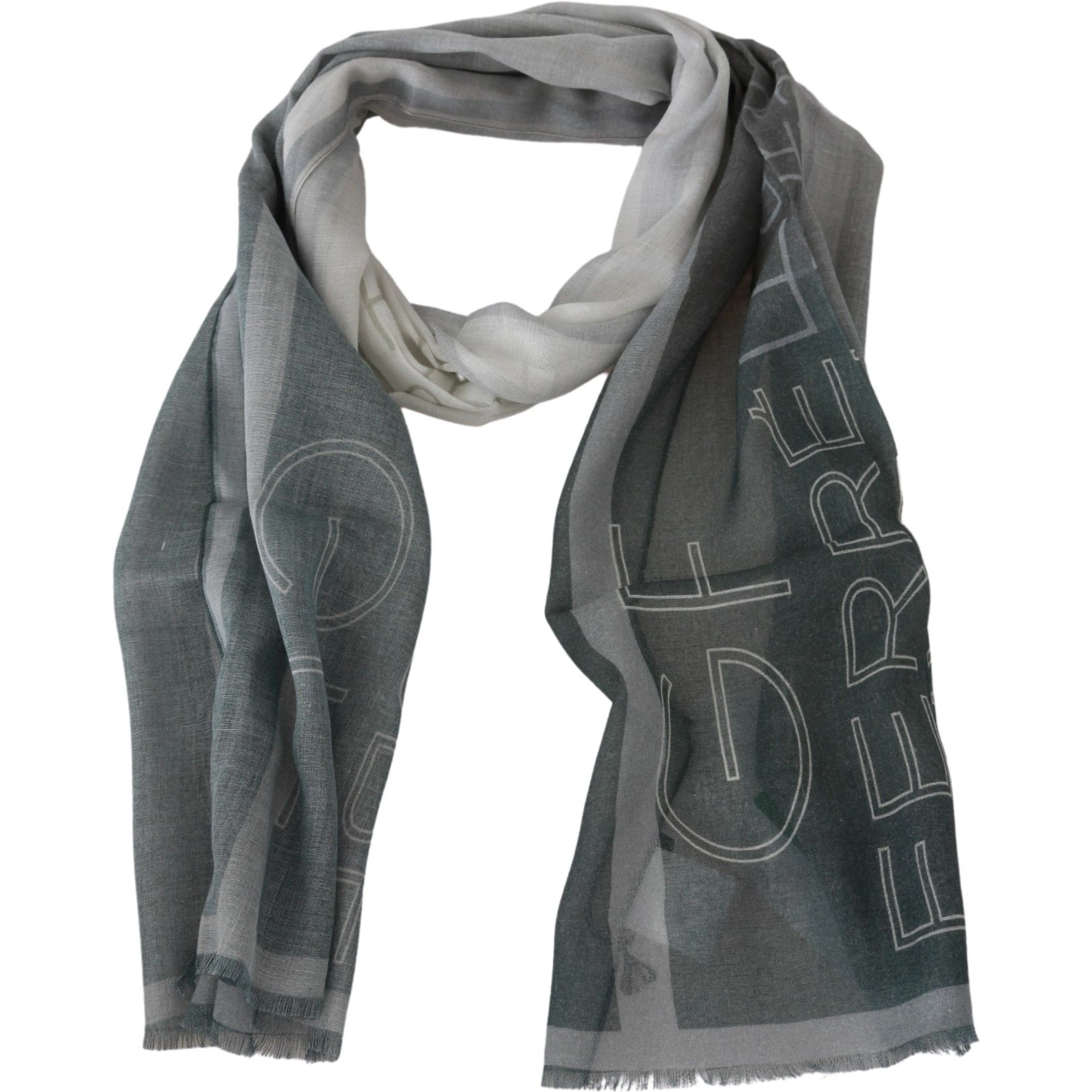Gray Wool Viscose Foulard Patterned Branded Scarf