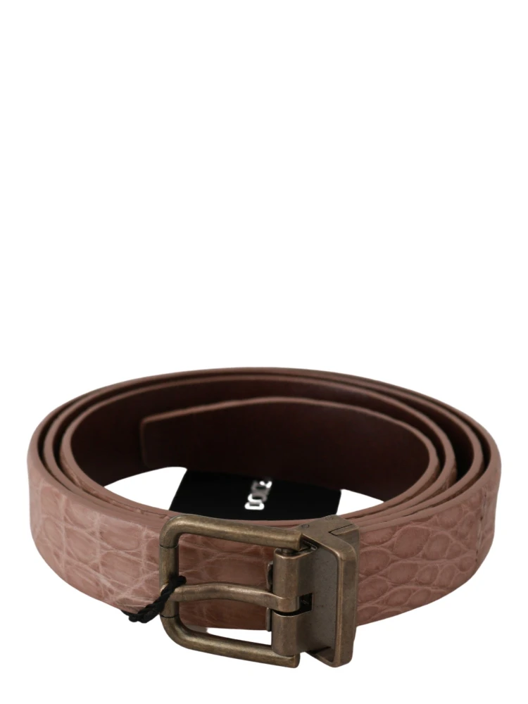 Beige Exotic Skin Gold Buckle Leather Belt