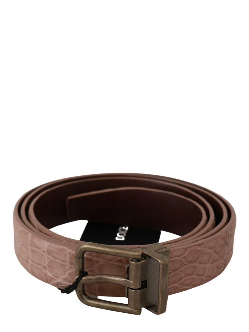 Beige Exotic Skin Gold Buckle Leather Belt