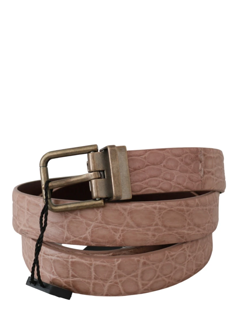 Beige Exotic Skin Gold Buckle Leather Belt