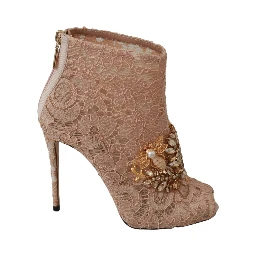Pink Crystal Lace Booties Stilettos Shoes