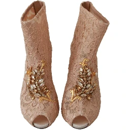 Pink Crystal Lace Booties Stilettos Shoes