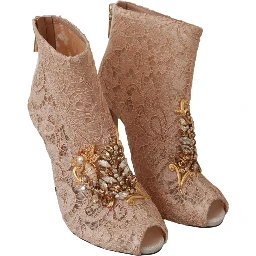 Pink Crystal Lace Booties Stilettos Shoes