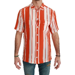 Orange Silk Striped Short Sleeve White Shirt