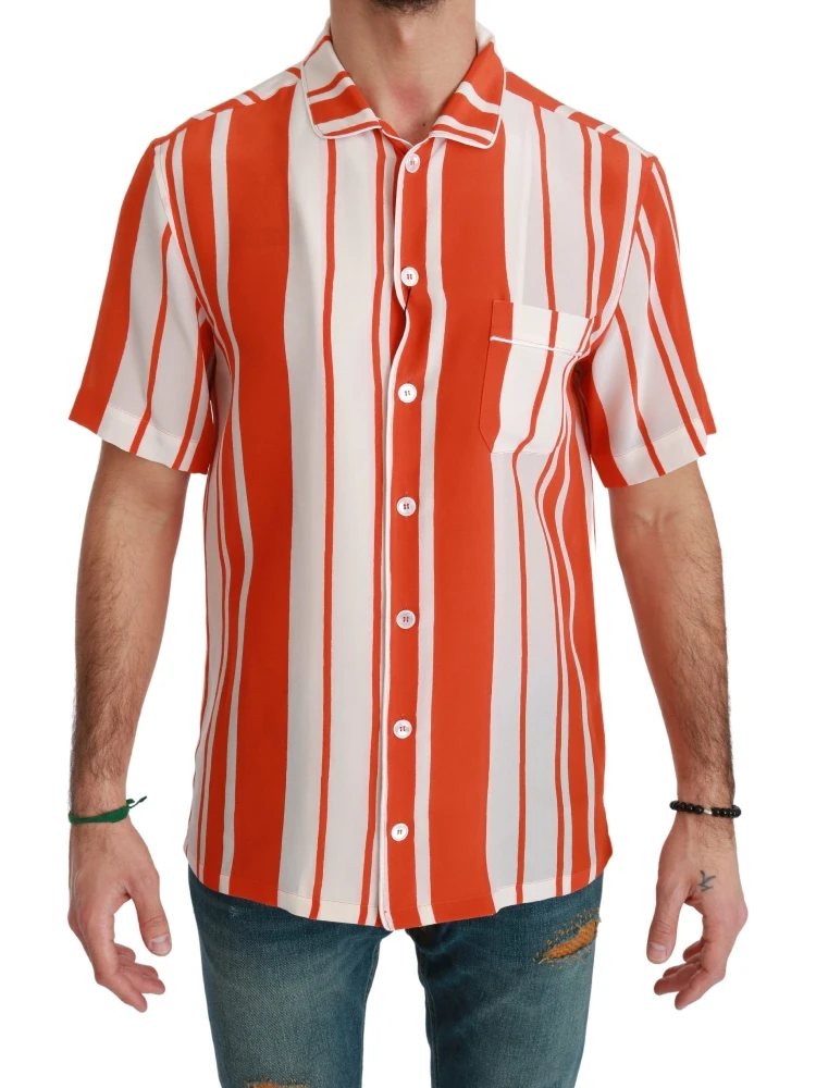 Orange Silk Striped Short Sleeve White Shirt
