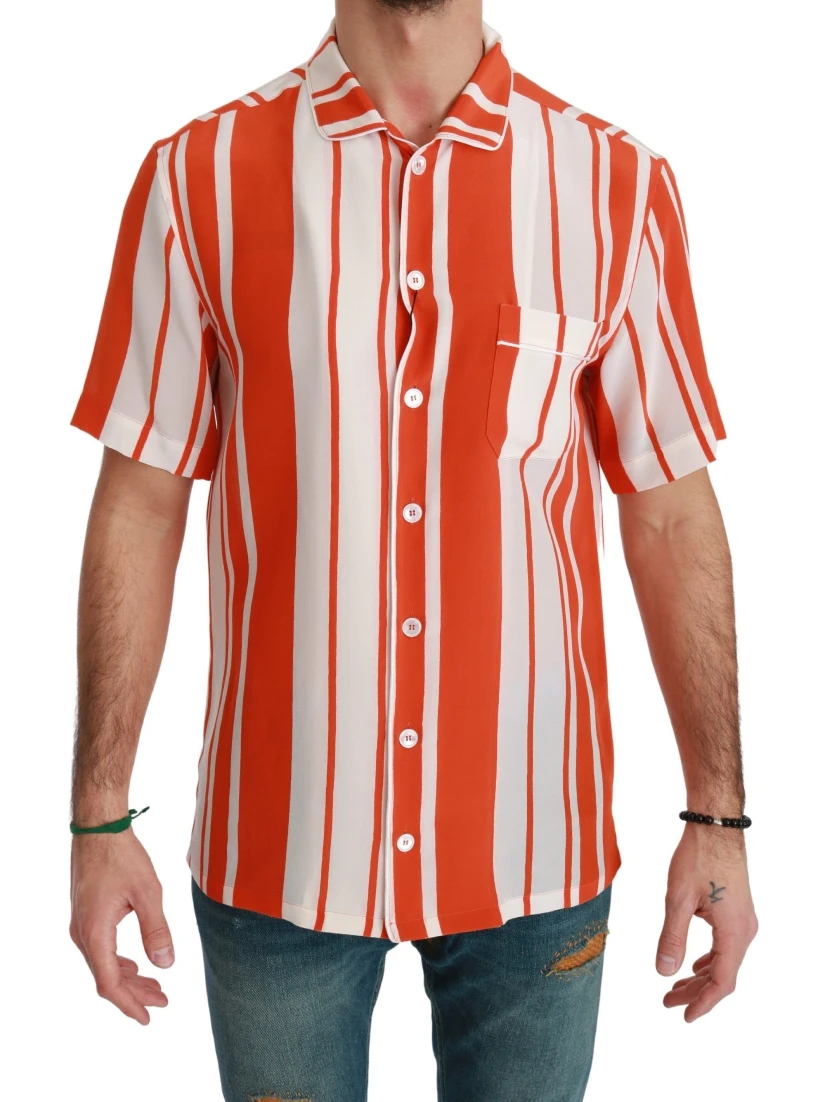 Orange Silk Striped Short Sleeve White Shirt