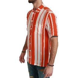 Orange Silk Striped Short Sleeve White Shirt