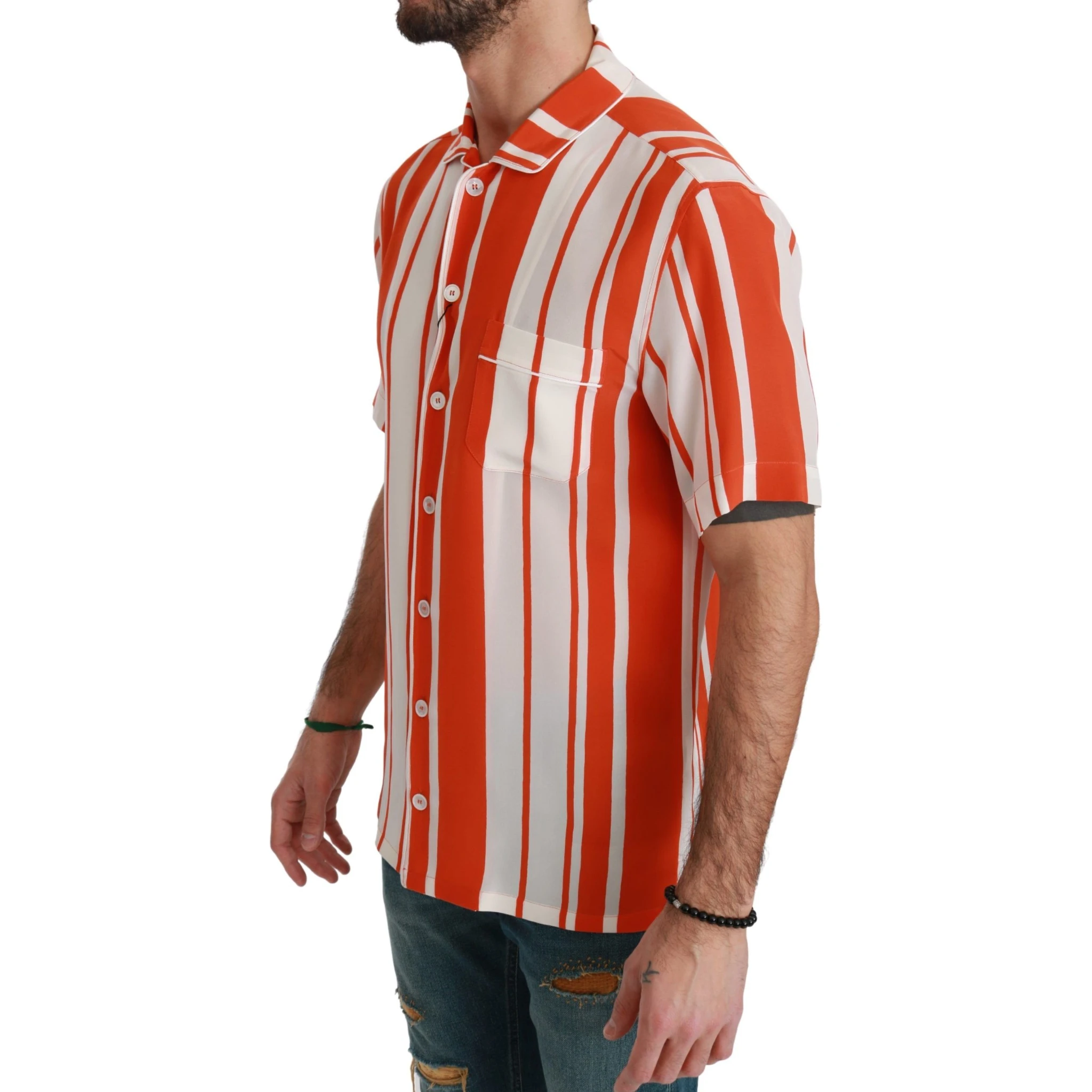 Orange Silk Striped Short Sleeve White Shirt
