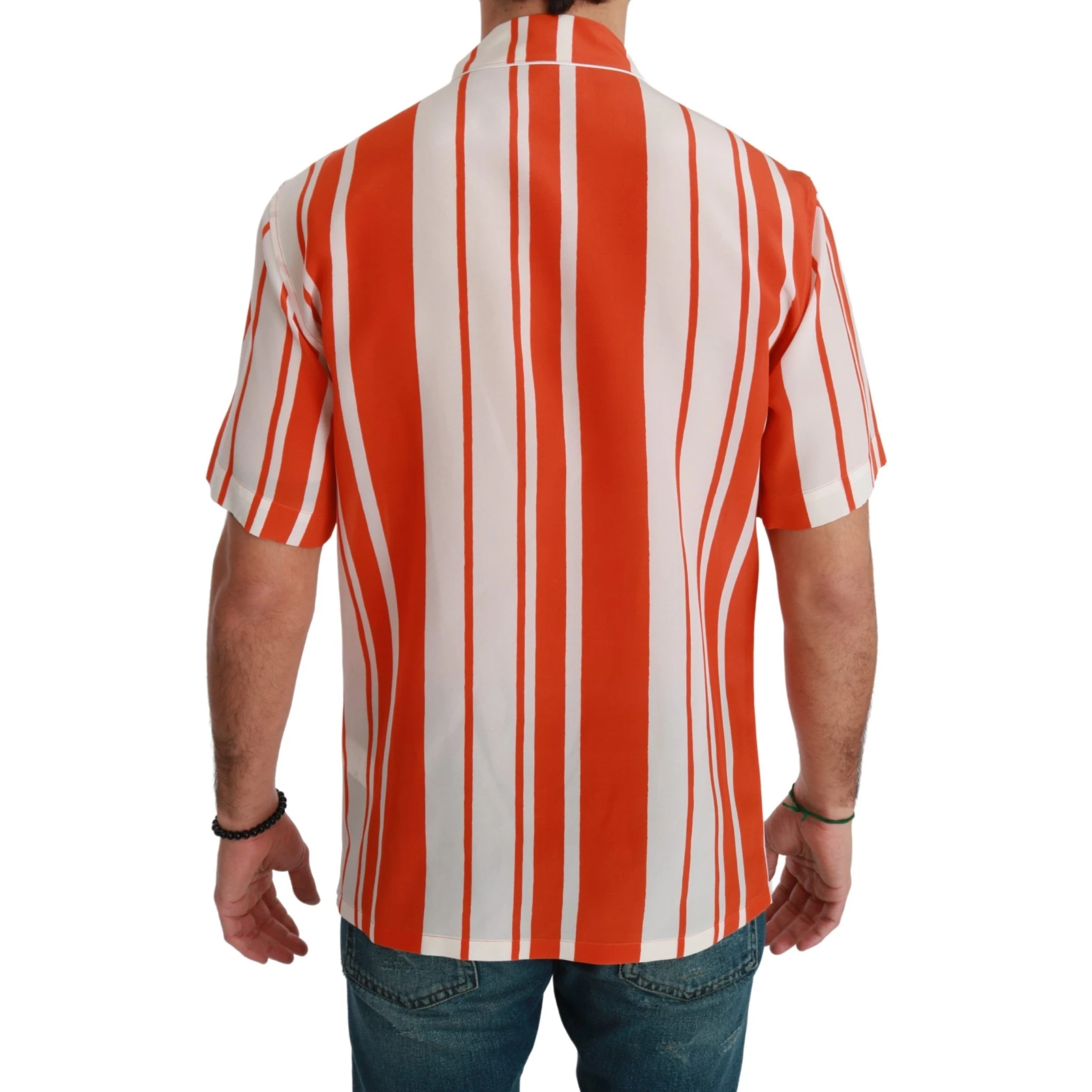 Orange Silk Striped Short Sleeve White Shirt