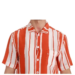 Orange Silk Striped Short Sleeve White Shirt