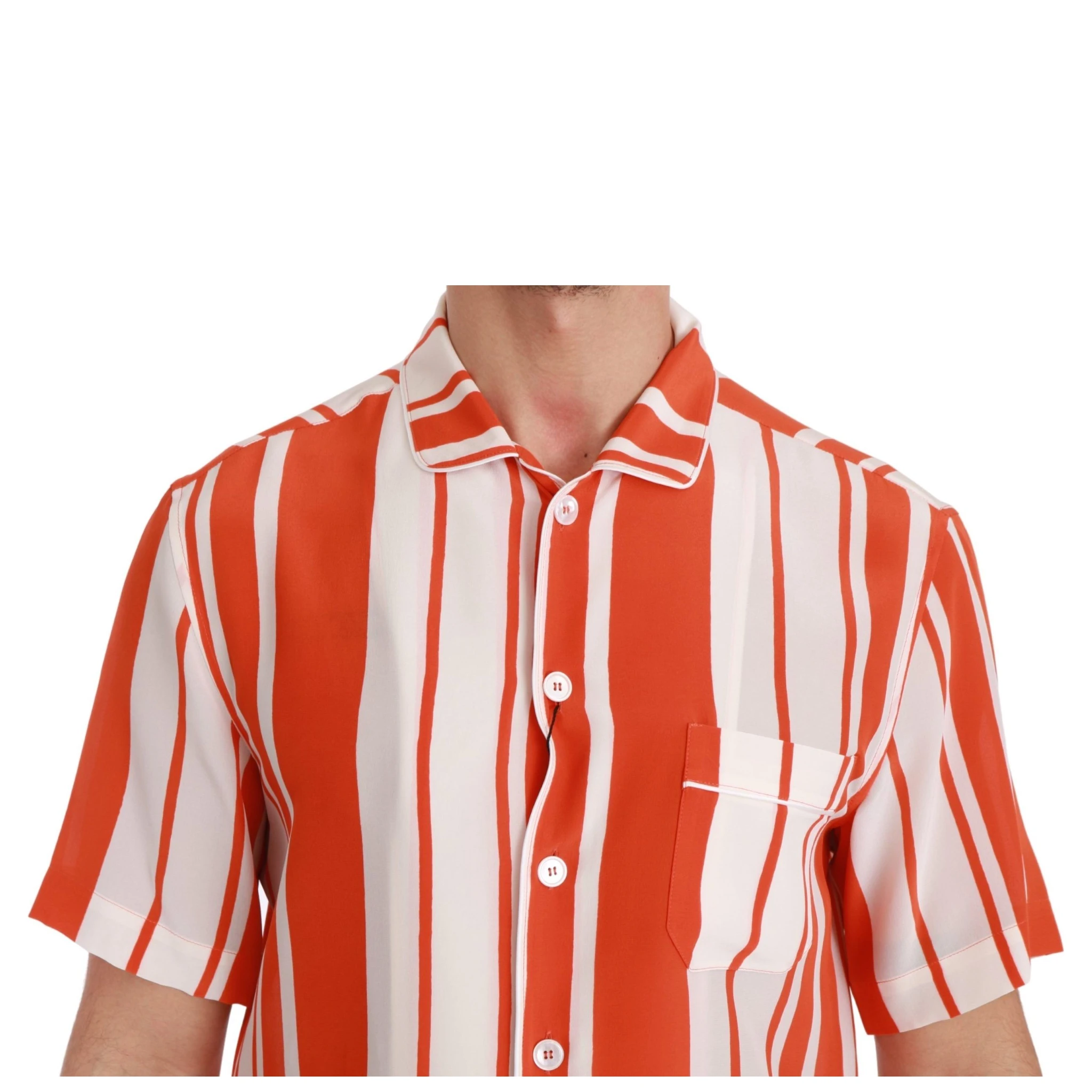 Orange Silk Striped Short Sleeve White Shirt