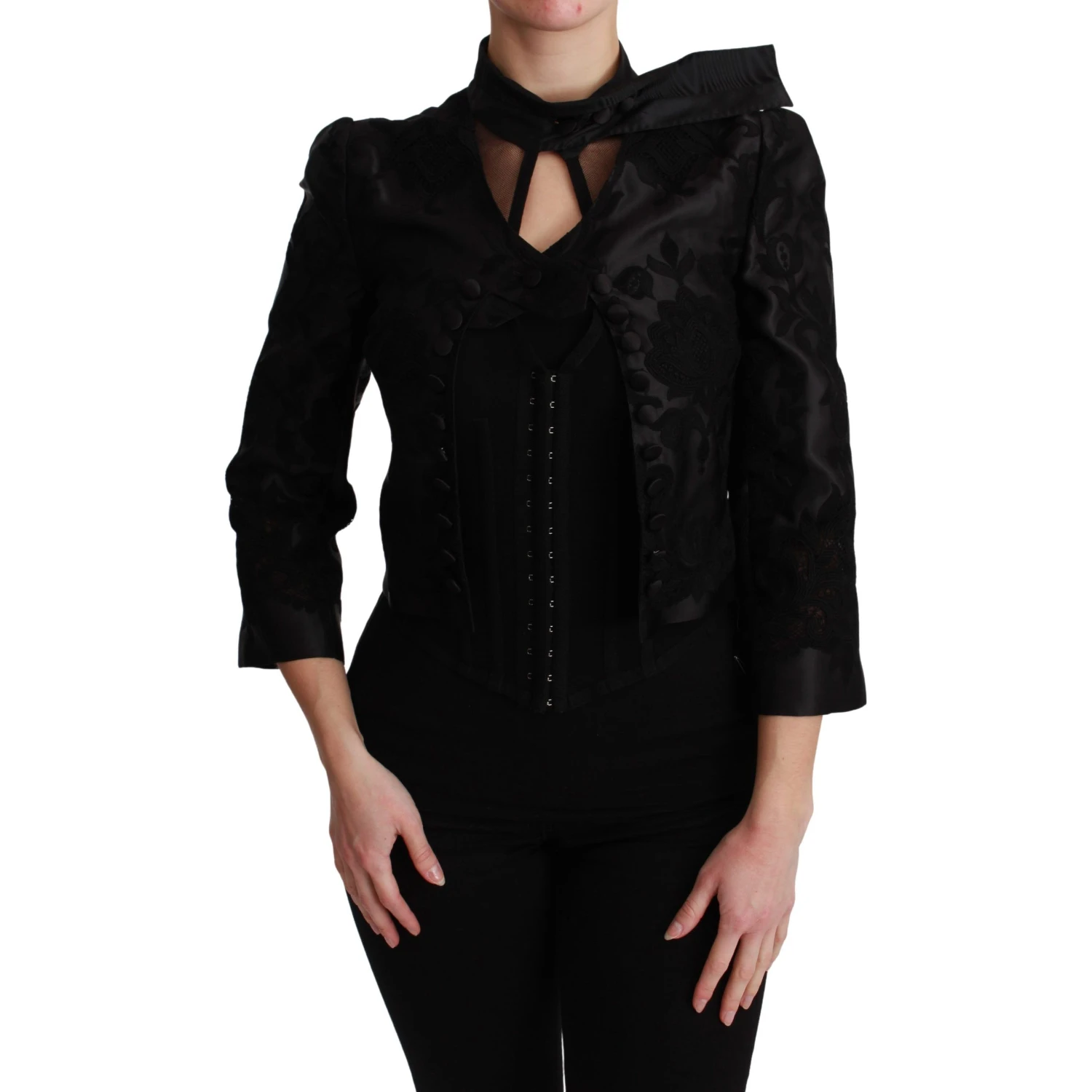 Black Floral Jacquard Blazer Silk Jacket