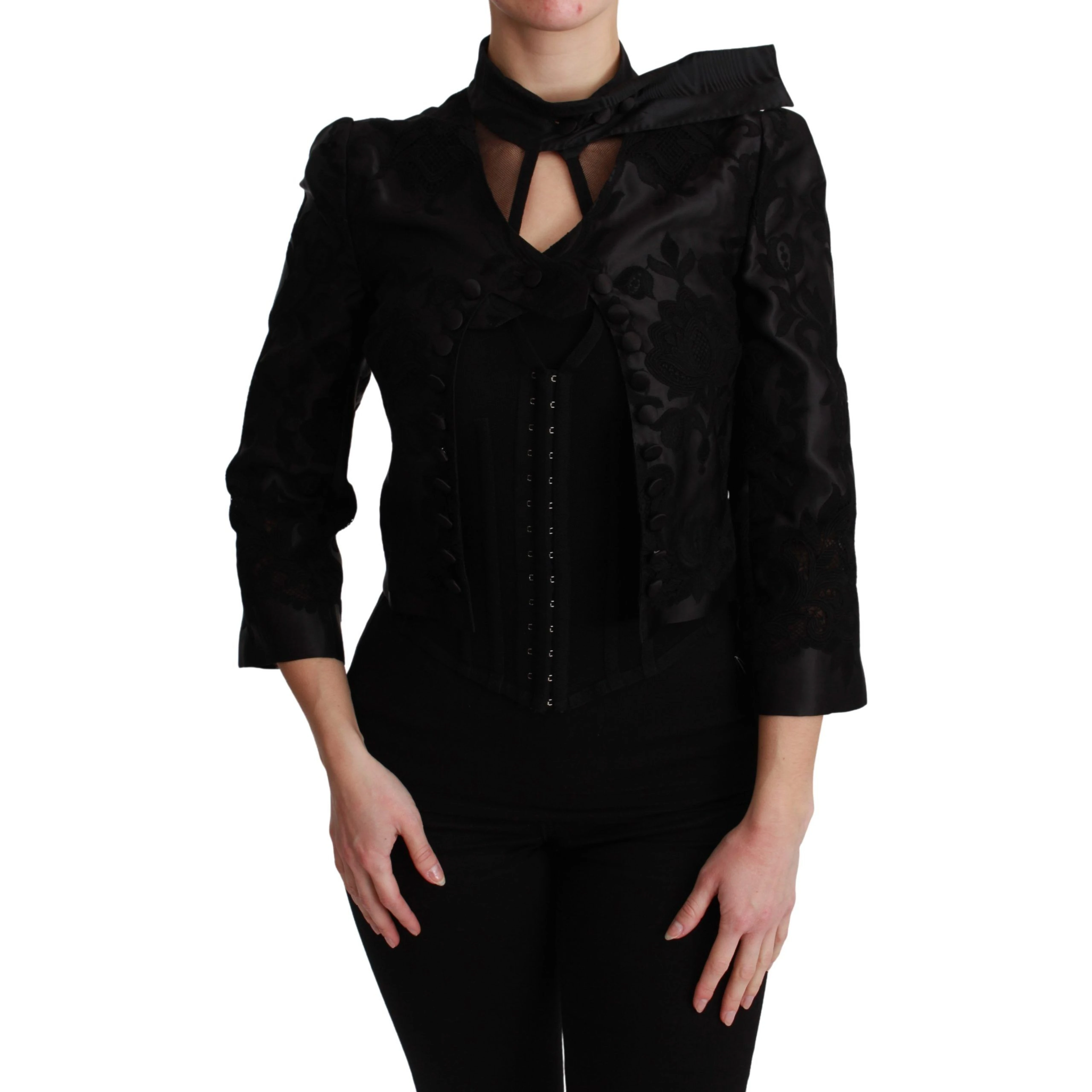 Black Floral Jacquard Blazer Silk Jacket
