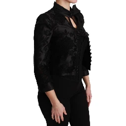 Black Floral Jacquard Blazer Silk Jacket
