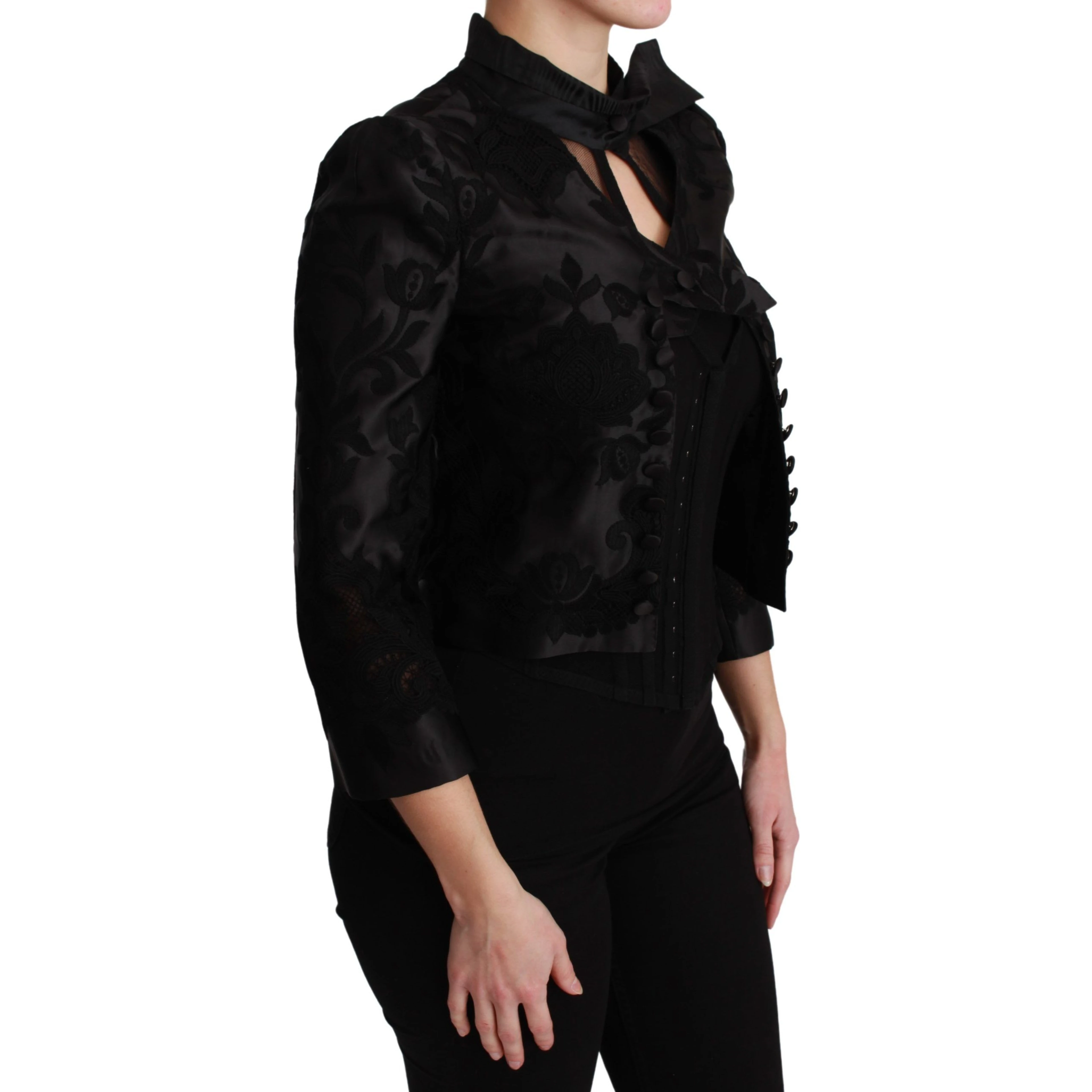 Black Floral Jacquard Blazer Silk Jacket