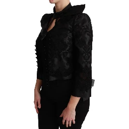 Black Floral Jacquard Blazer Silk Jacket