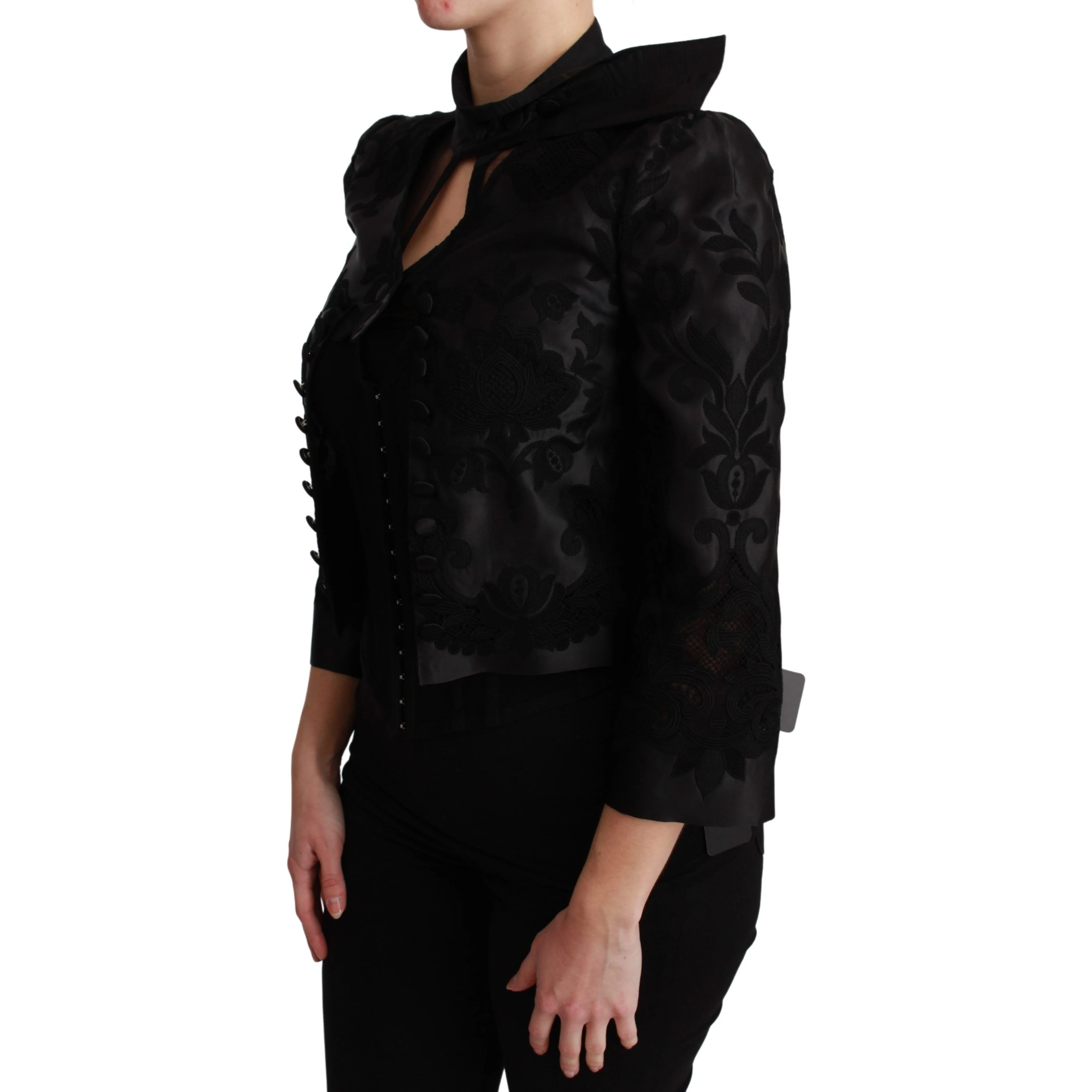 Black Floral Jacquard Blazer Silk Jacket