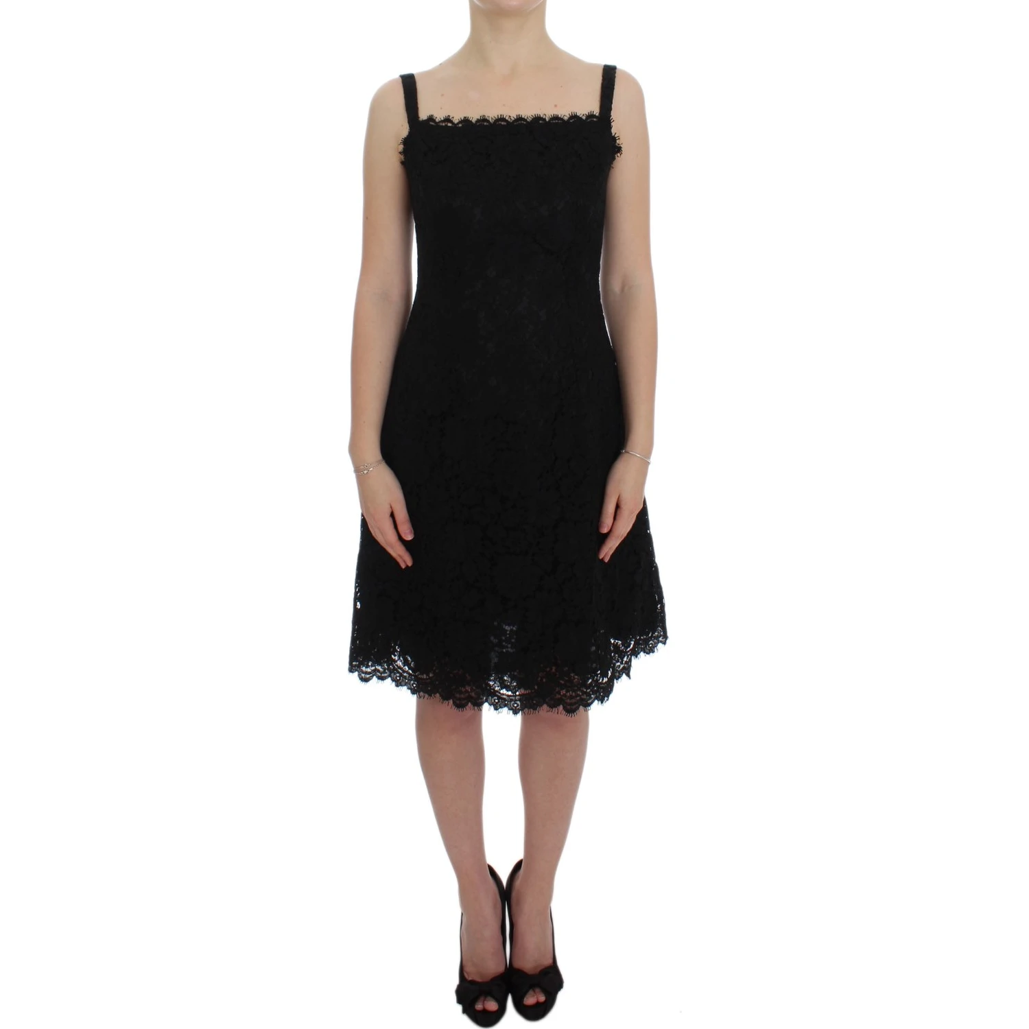 Black Floral Lace Shift Knee Length Dress