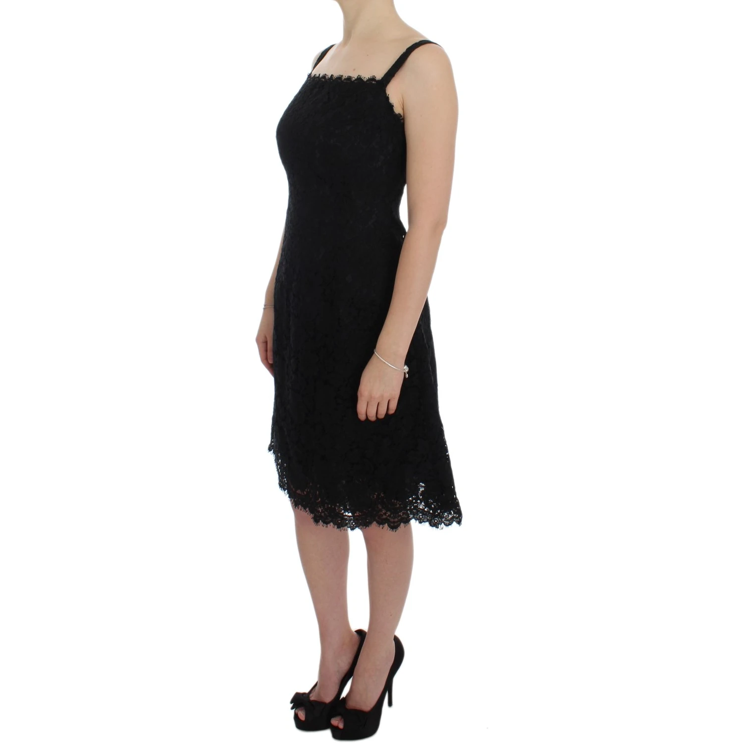 Black Floral Lace Shift Knee Length Dress